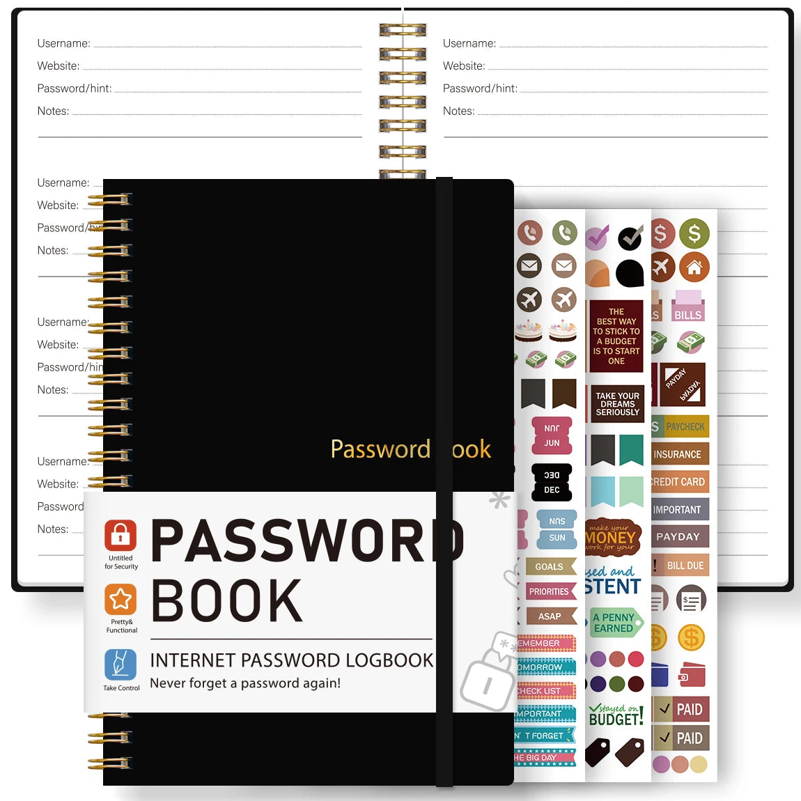 A black password book with a leather-like cover and a clear plastic cover, featuring various budget tracking pages.