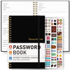 A black password book with a leather-like cover and a clear plastic cover, featuring various budget tracking pages.