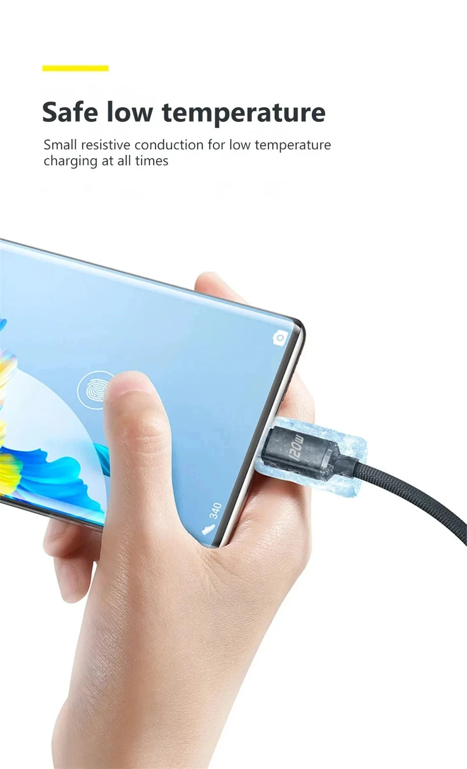 A hand is connecting a 120W USB-C to USB-C fast charging cable with a cooling module to a smartphone.