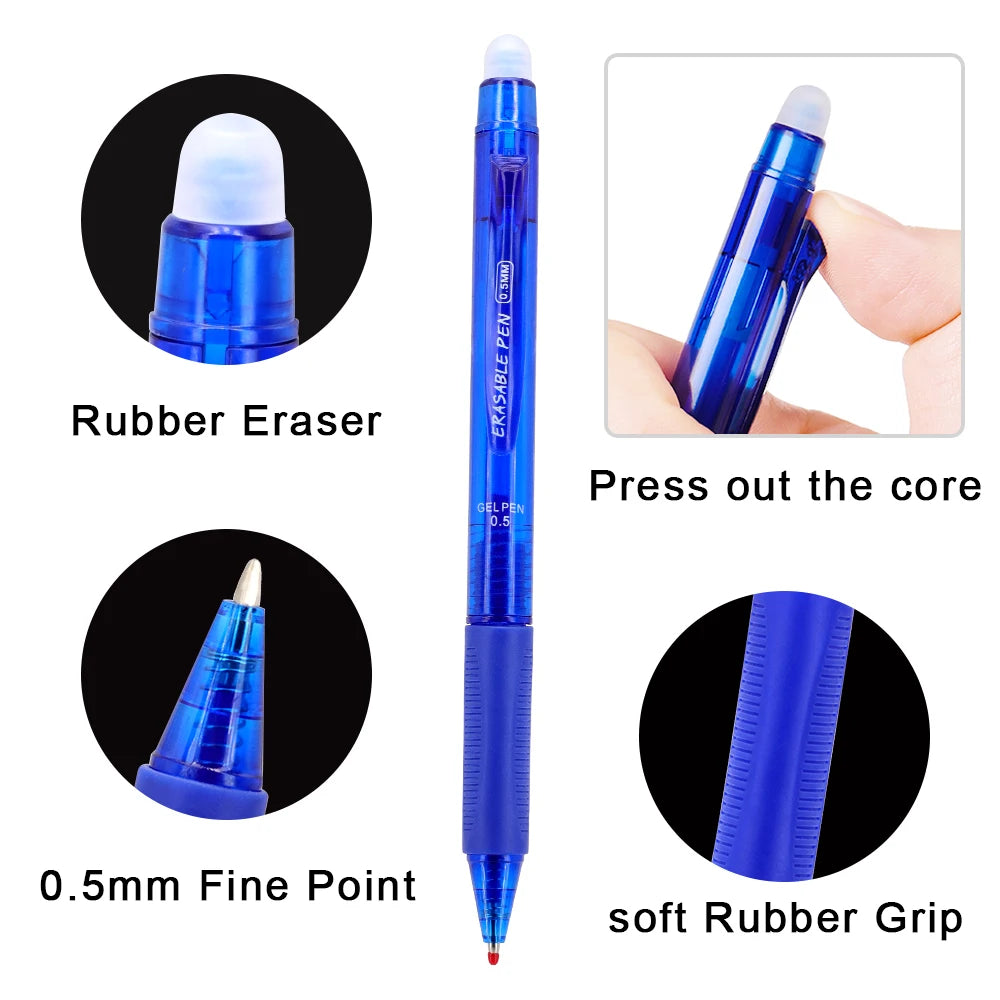 A blue retractable pen with a fine point and soft rubber grip, showing the eraser end and tip.