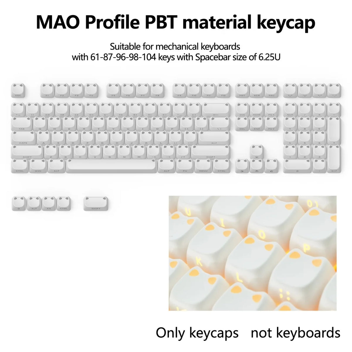 A set of white cat-themed shine-through keycaps for mechanical keyboards