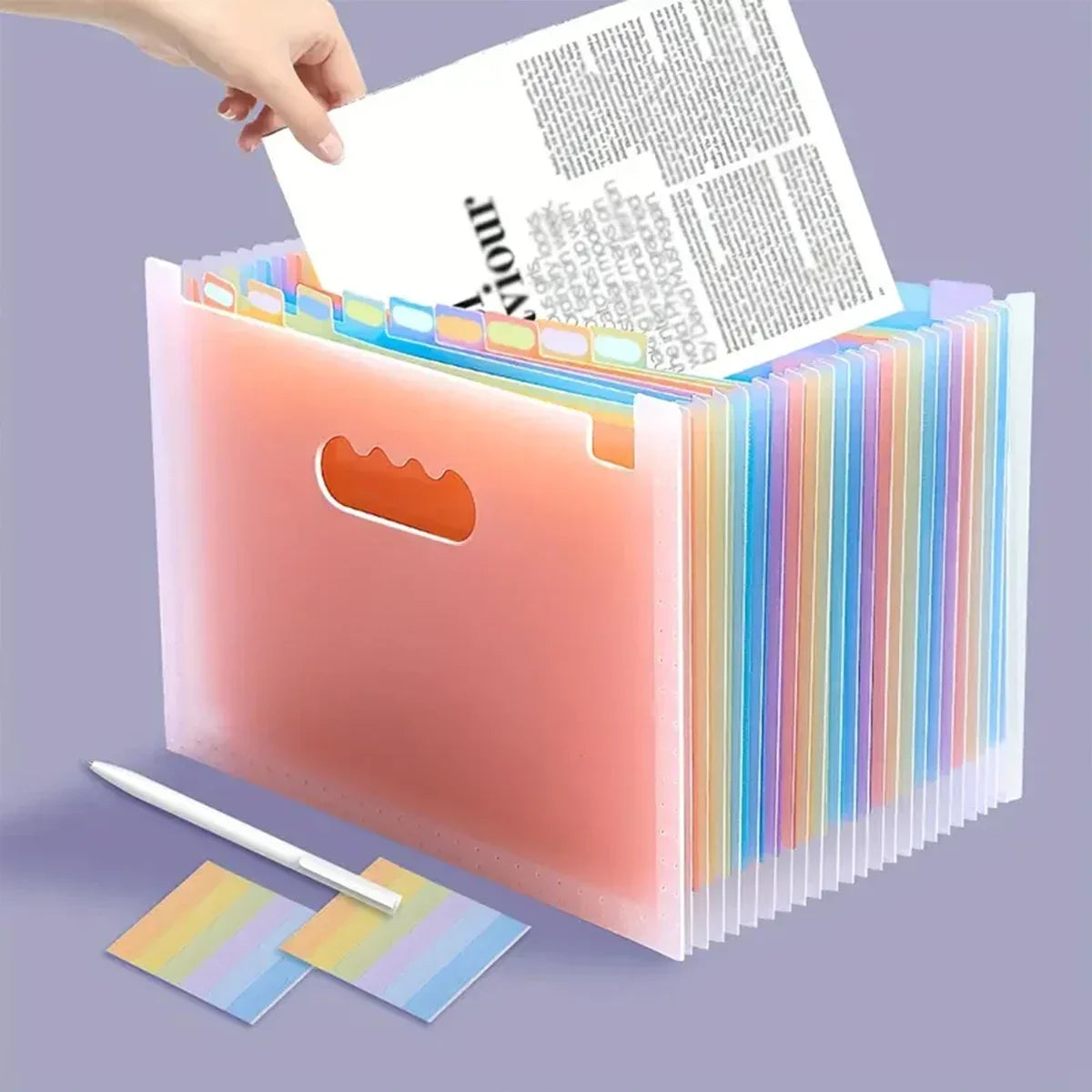 A pink vertical multi-layer storage file rack filled with colorful transparent plastic files and a white document.