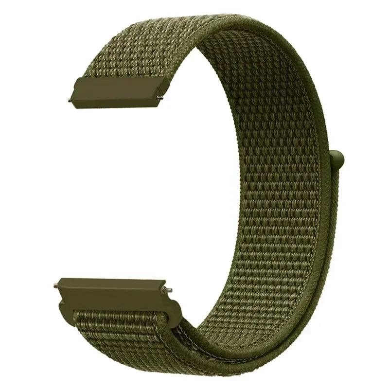 A close-up view of a dark olive green nylon loop watch strap for a child's watch.