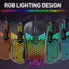 A row of eight honeycomb RGB gaming mice displaying various colorful light patterns.