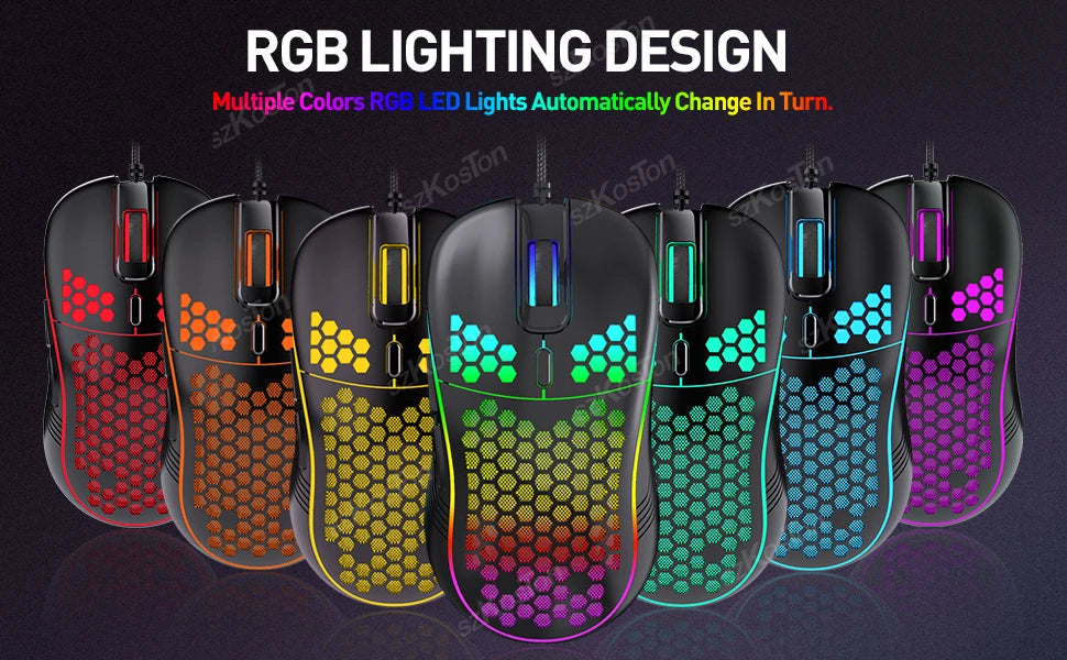 A row of eight honeycomb RGB gaming mice displaying various colorful light patterns.