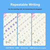 A set of writing practice sheets demonstrating repeatable writing where a matching refill makes the handwriting disappear.
