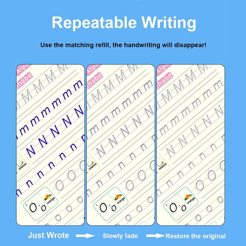 A set of writing practice sheets demonstrating repeatable writing where a matching refill makes the handwriting disappear.