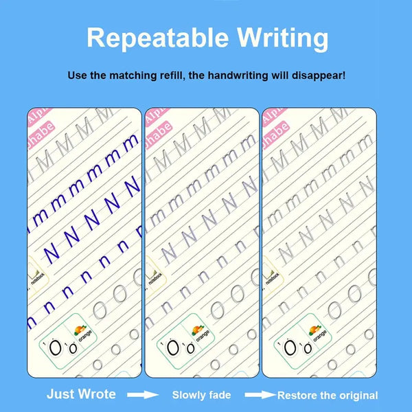 A set of writing practice sheets demonstrating repeatable writing where a matching refill makes the handwriting disappear.