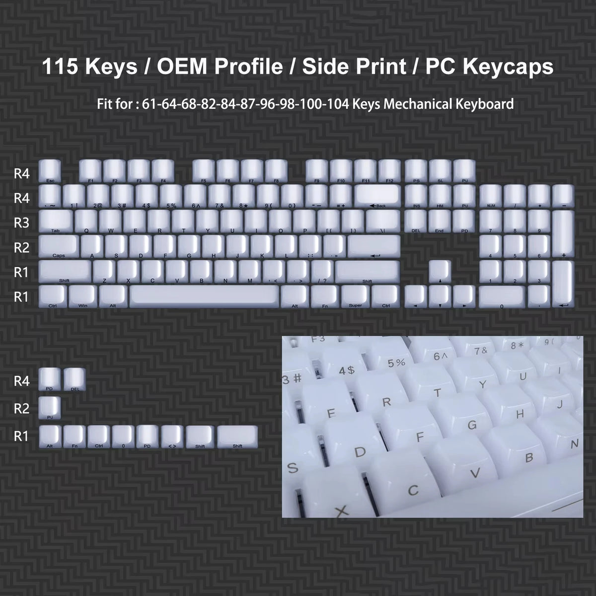 A display showing various white mechanical keyboard keycaps for 115 keys, including OEM profile and side print options.