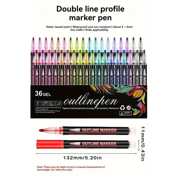 A set of 36 gel double line outline marker pens in various colors and tips.