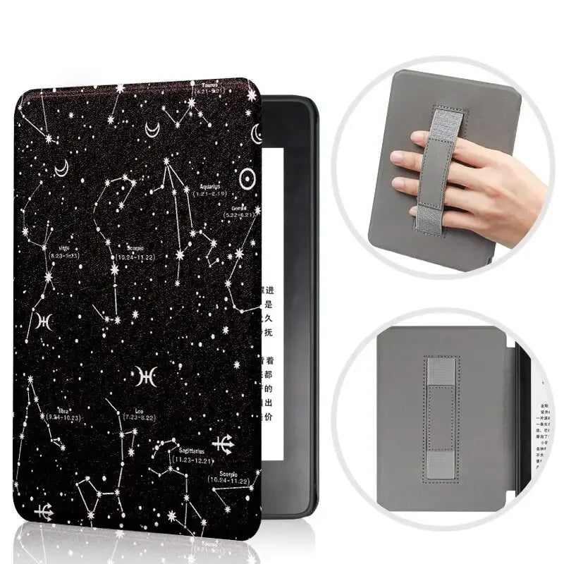 A black leather case for a Kindle Paperwhite device featuring a starry night pattern.