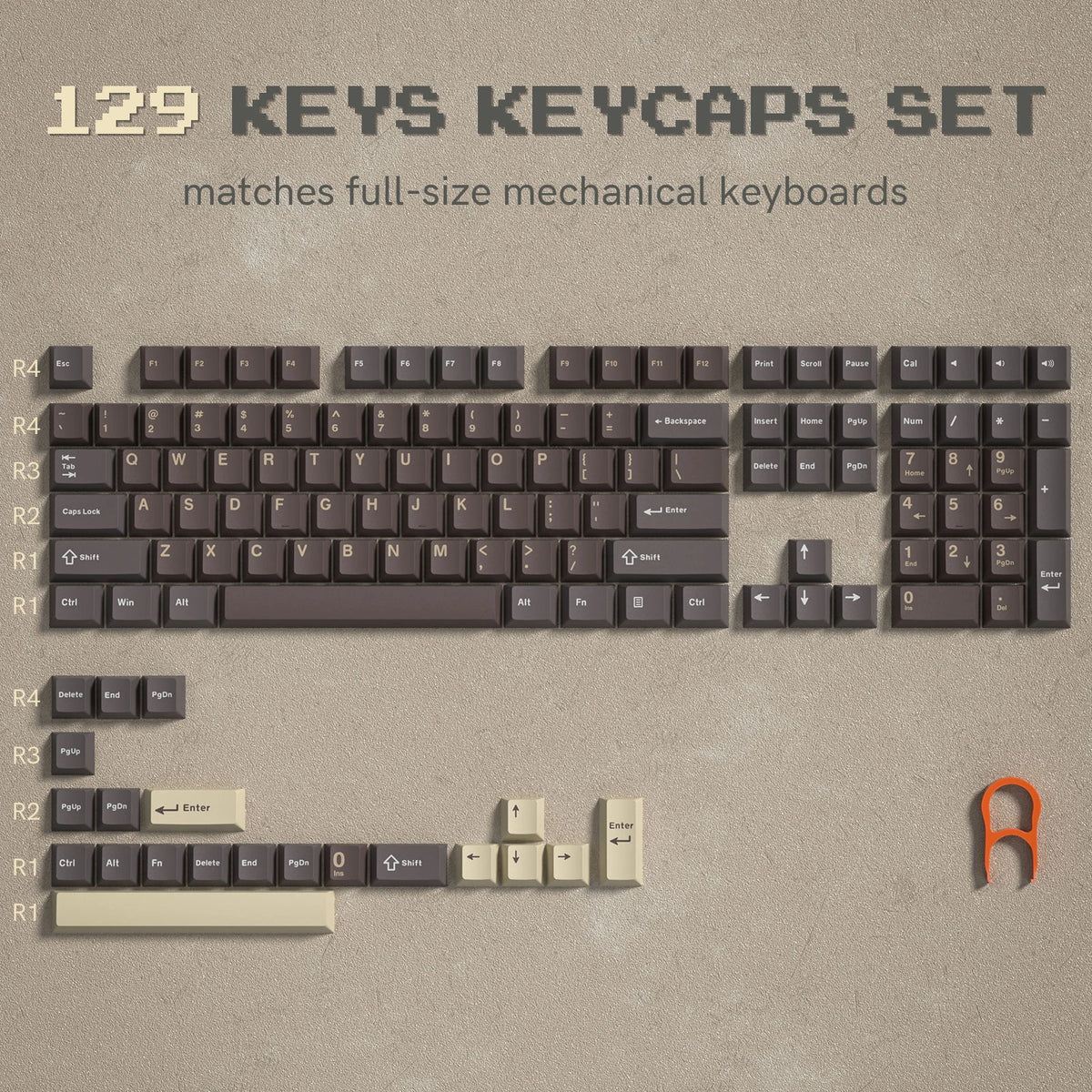 A set of 129 keys keycaps for full-size mechanical keyboards shown in various rows and layouts.