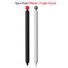 Two pens are shown: one black and one light grey, with red caps.