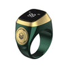 A gold-toned ring with a black digital display showing 99, used for prayer counting and reminder.