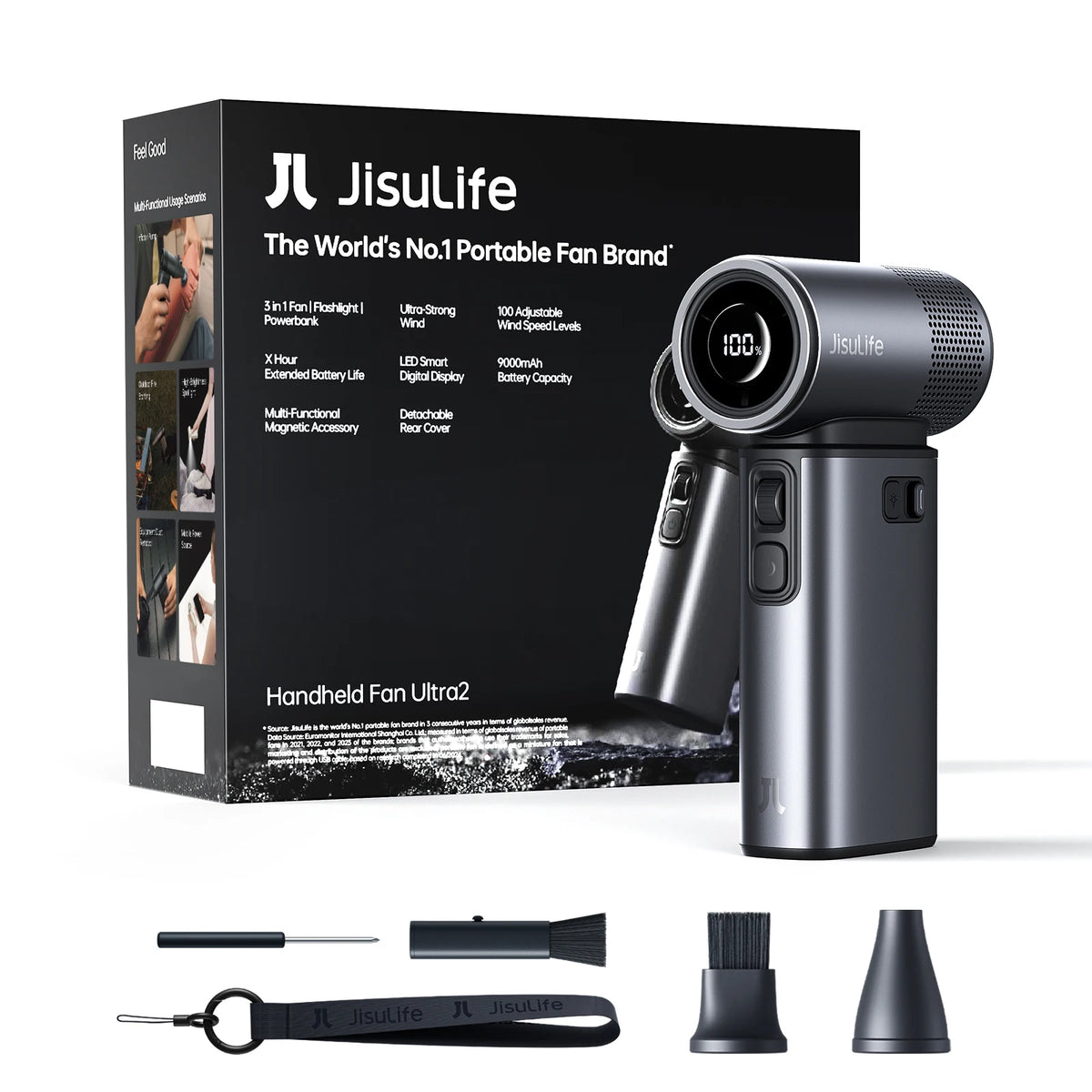 A black handheld fan with a rechargeable battery and various accessories is displayed next to its packaging.