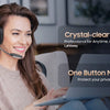 A woman smiling while using a laptop and wearing a professional Bluetooth headset for crystal-clear calls.