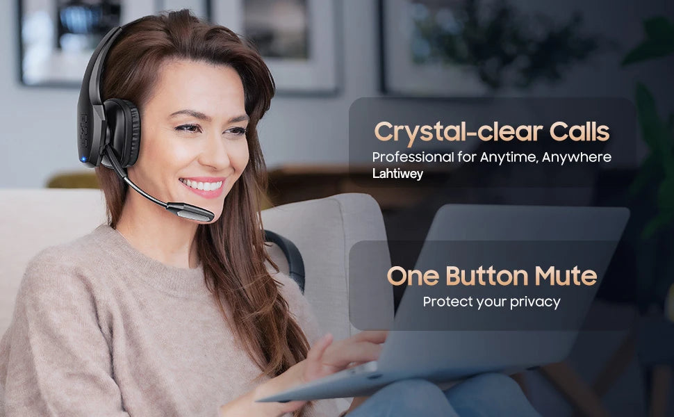 A woman smiling while using a laptop and wearing a professional Bluetooth headset for crystal-clear calls.