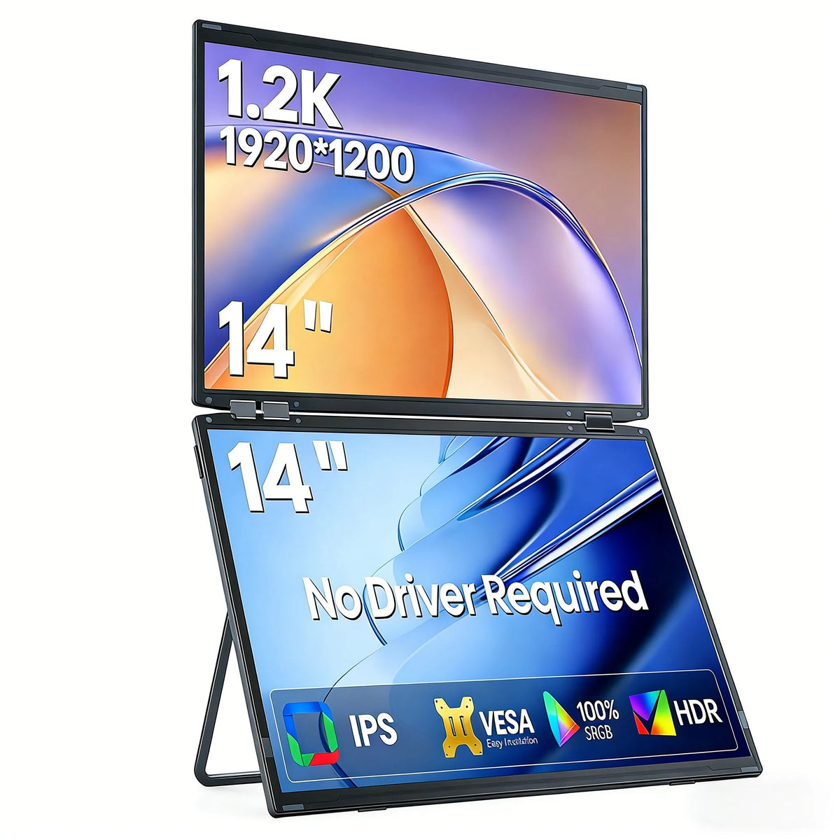 A portable monitor with a 14-inch screen displaying a blue and orange gradient, featuring IPS panel technology.