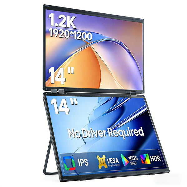 A portable monitor with a 14-inch screen displaying a blue and orange gradient, featuring IPS panel technology.