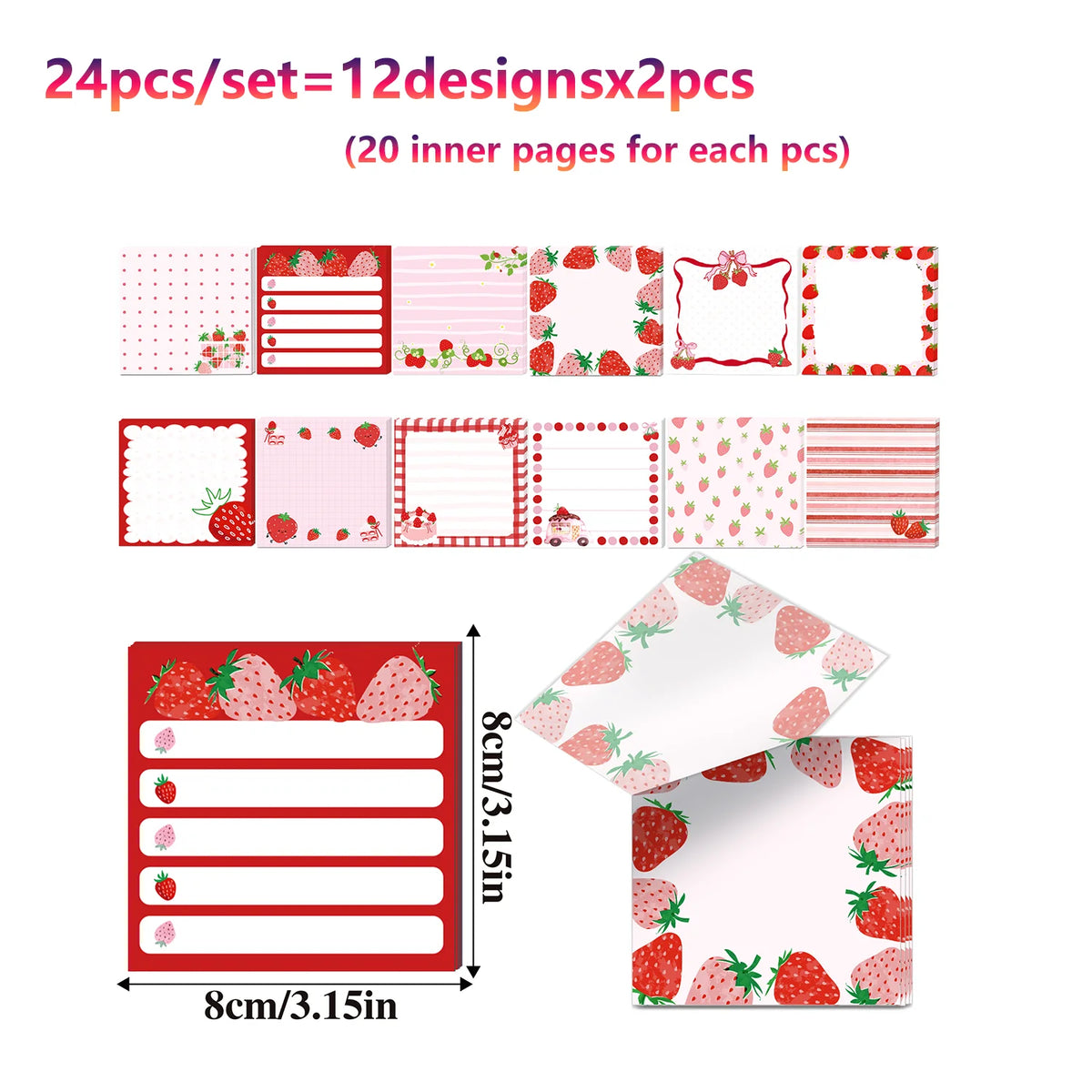 A set of 24 packs of strawberry shaped self-stick memo notes, including various designs and inner pages.