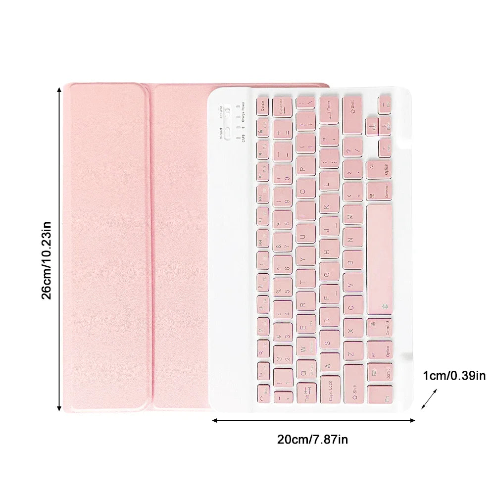 Estuche desmontable Bluetooth rosa para teclado de iPad, mostrando el teclado y la cubierta protectora.