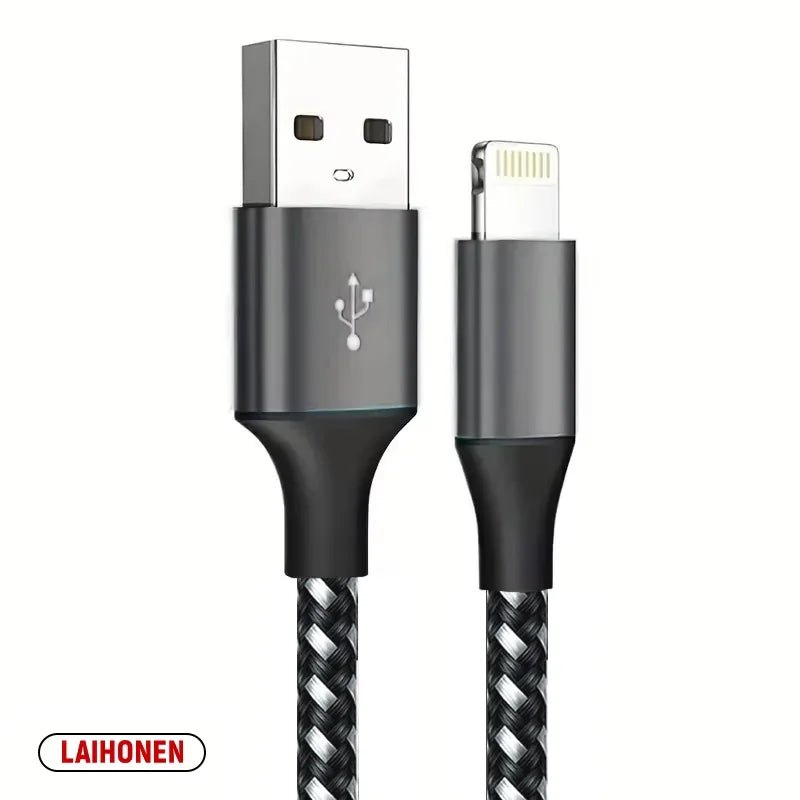 A pair of black Lightning cables, one USB-C to Lightning and one Lightning to Lightning.