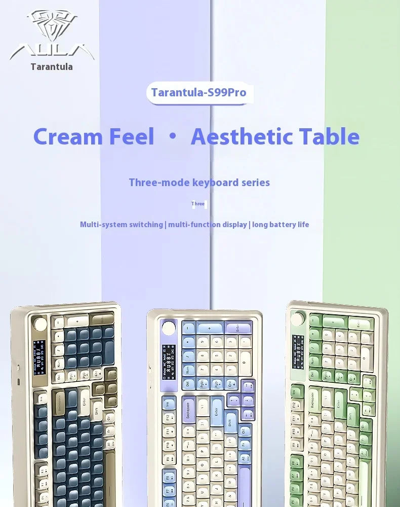 Three-mode keyboard series featuring a cream feel aesthetic table and multi-system switching features.