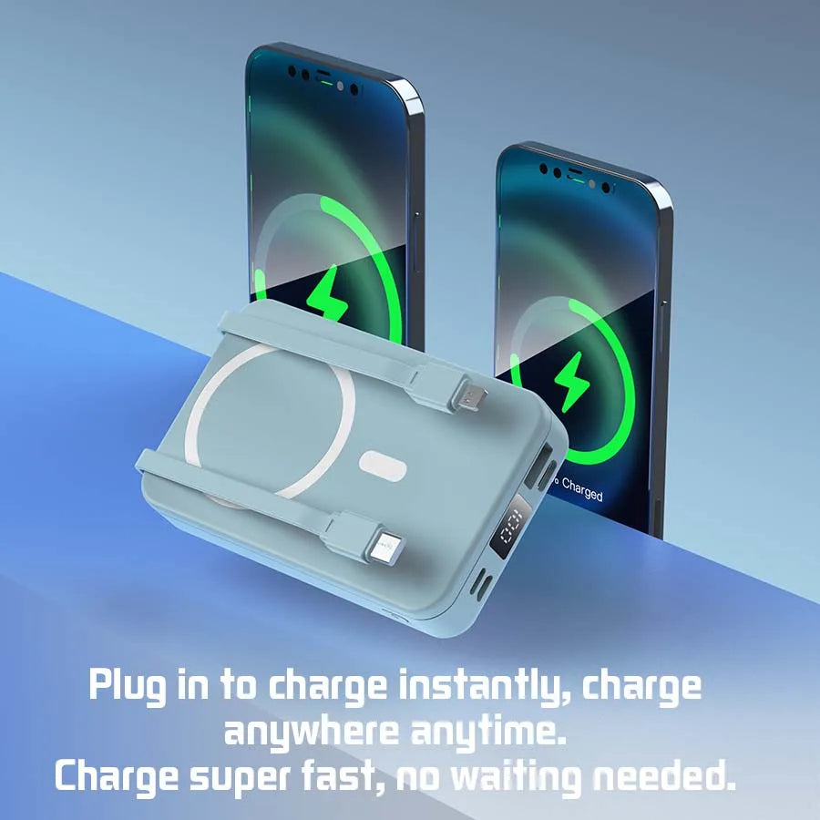 A light blue portable magnetic wireless power bank with a charging cable, shown next to two smartphones.