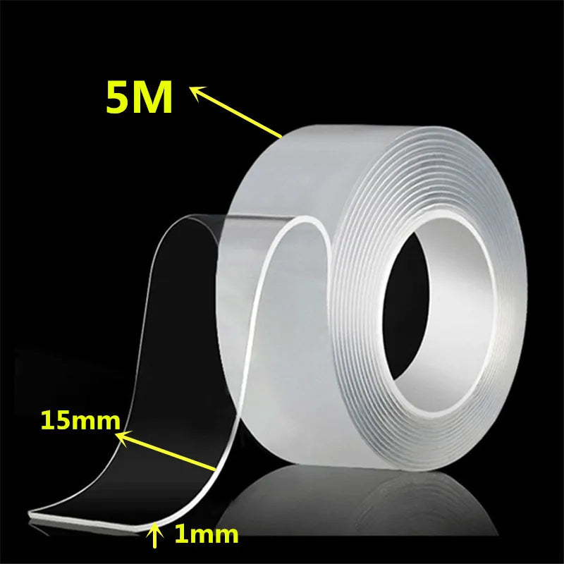 Roll of clear double-sided nano tape with a 15mm width and 1mm thickness shown on a dark background.
