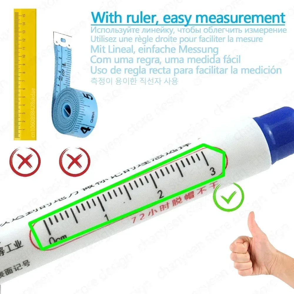 A precision waterproof marking pen is shown measuring a line on a surface with a ruler for easy measurement.
