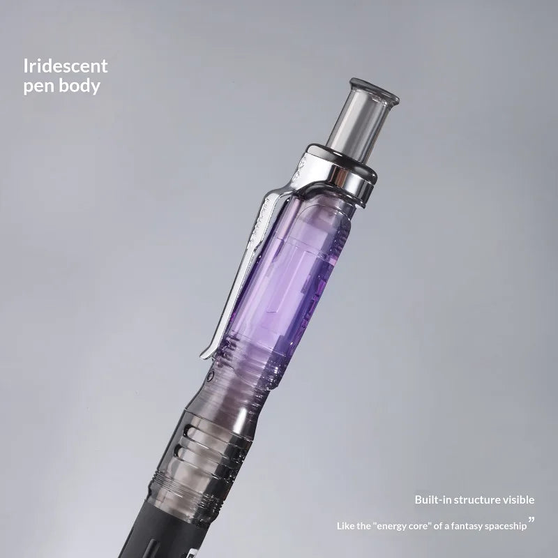 An iridescent pen body with a clear tip and black barrel, designed like the energy core of a fantasy spaceship.