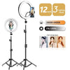 A 12 inch LED ring light with a tripod stand and remote control, showing various color temperatures.