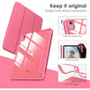 A pink clear TPU shockproof case for an iPad, showing features like full body protection and a soft top edge.