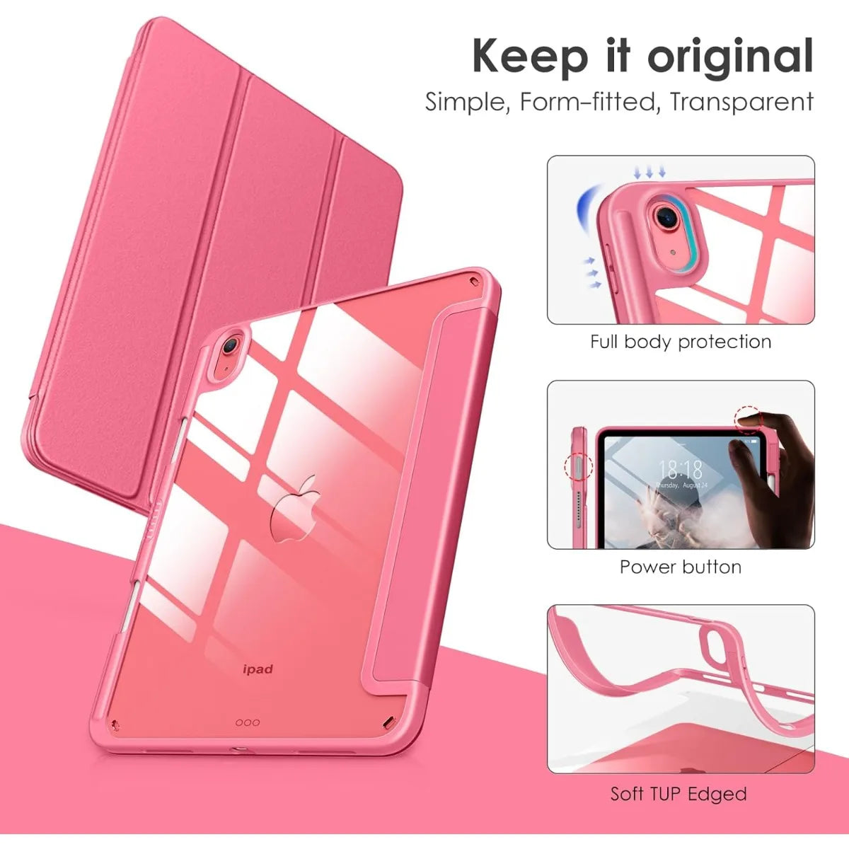 A pink clear TPU shockproof case for an iPad, showing features like full body protection and a soft top edge.