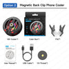 Magnetic back clip phone cooler kit including a circular cooler, color box, clip, user manual, USB cable, and 1/4 thread.