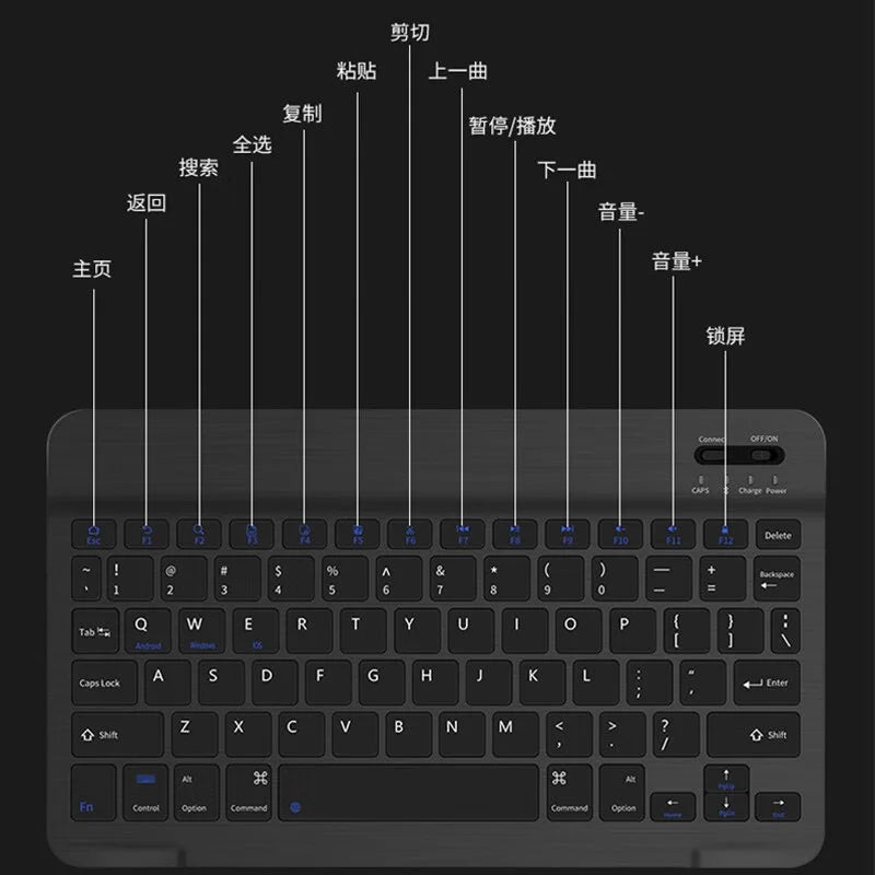 A close-up view of a black 10-inch Bluetooth keyboard and mouse combo with various function keys.