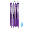A set of four purple retractable gel pens with silver accents and a light blue cap.