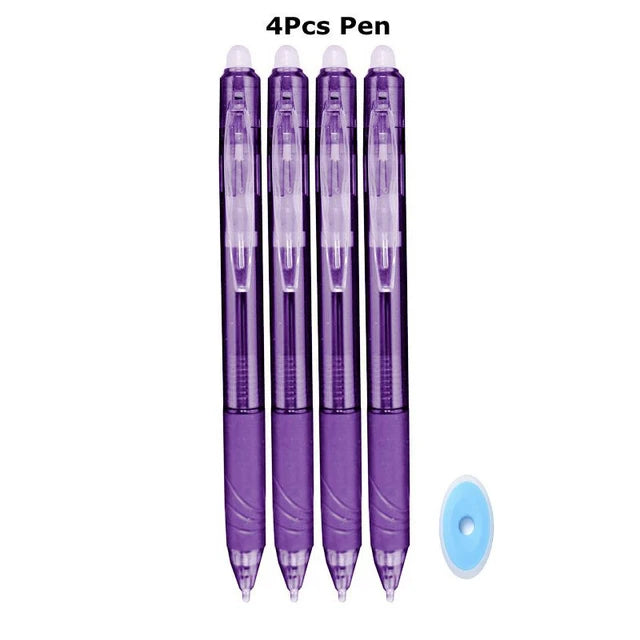 A set of four purple retractable gel pens with silver accents and a light blue cap.