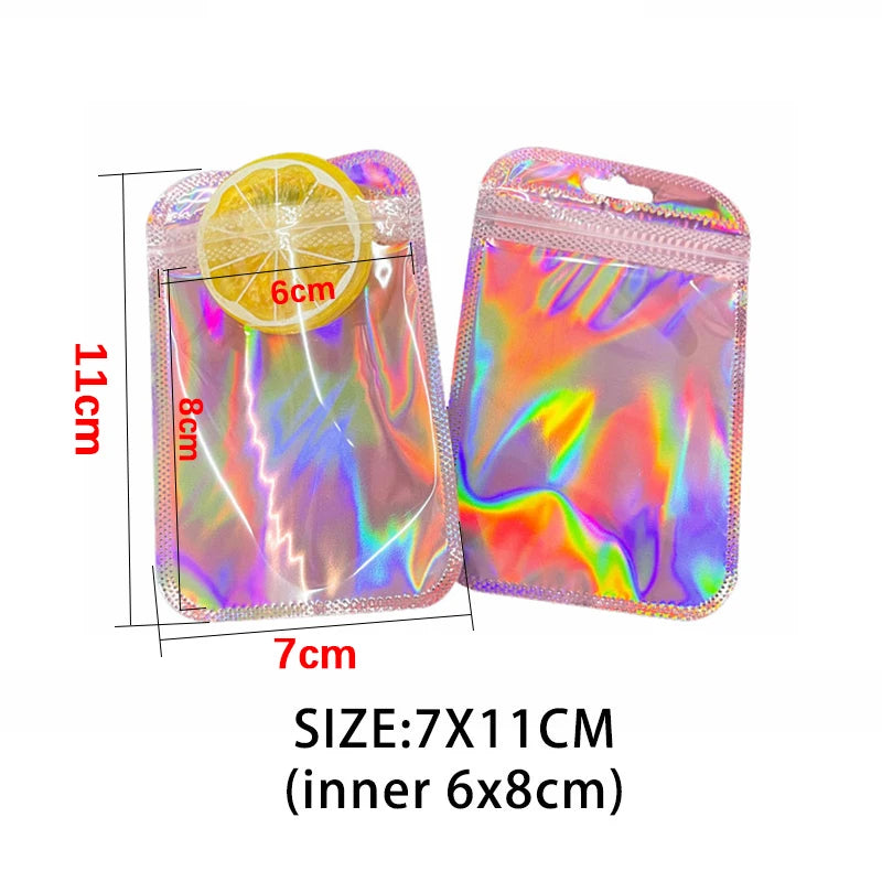 Iridescent self-sealing jewelry pouches with a lemon slice visible on the packaging.