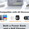 A magnetic wireless power bank device shown next to various compatible electronic devices like phones, tablets, headphones, a