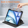 A black built-in pencil holder accessory is shown supporting an Apple Pencil and a tablet.
