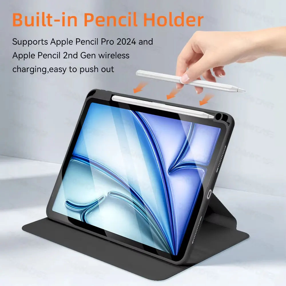 A black built-in pencil holder accessory is shown supporting an Apple Pencil and a tablet.