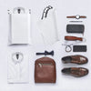 A collection of reusable self-sealing packaging bags, including white pouches, a leather wallet, and brown dress shoes.