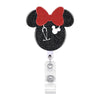 Schwarzes Minnie Mouse-Thema-Badgierolle mit roter Schleife und silberner, ausziehbarer Clips.