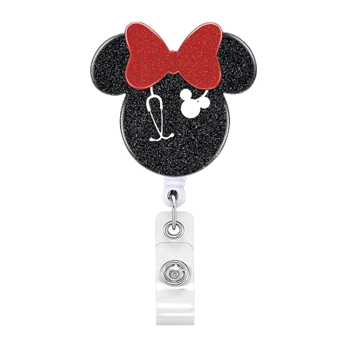 Schwarzes Minnie Mouse-Thema-Badgierolle mit roter Schleife und silberner, ausziehbarer Clips.