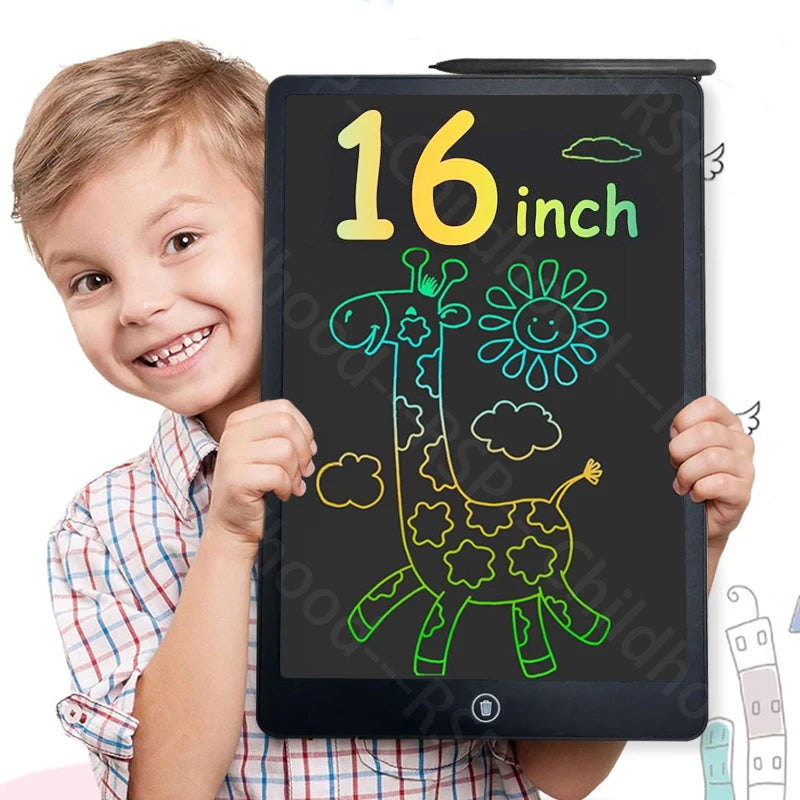 A smiling boy holds a 16-inch multi-color LCD drawing tablet showing a green giraffe drawing on a black screen.