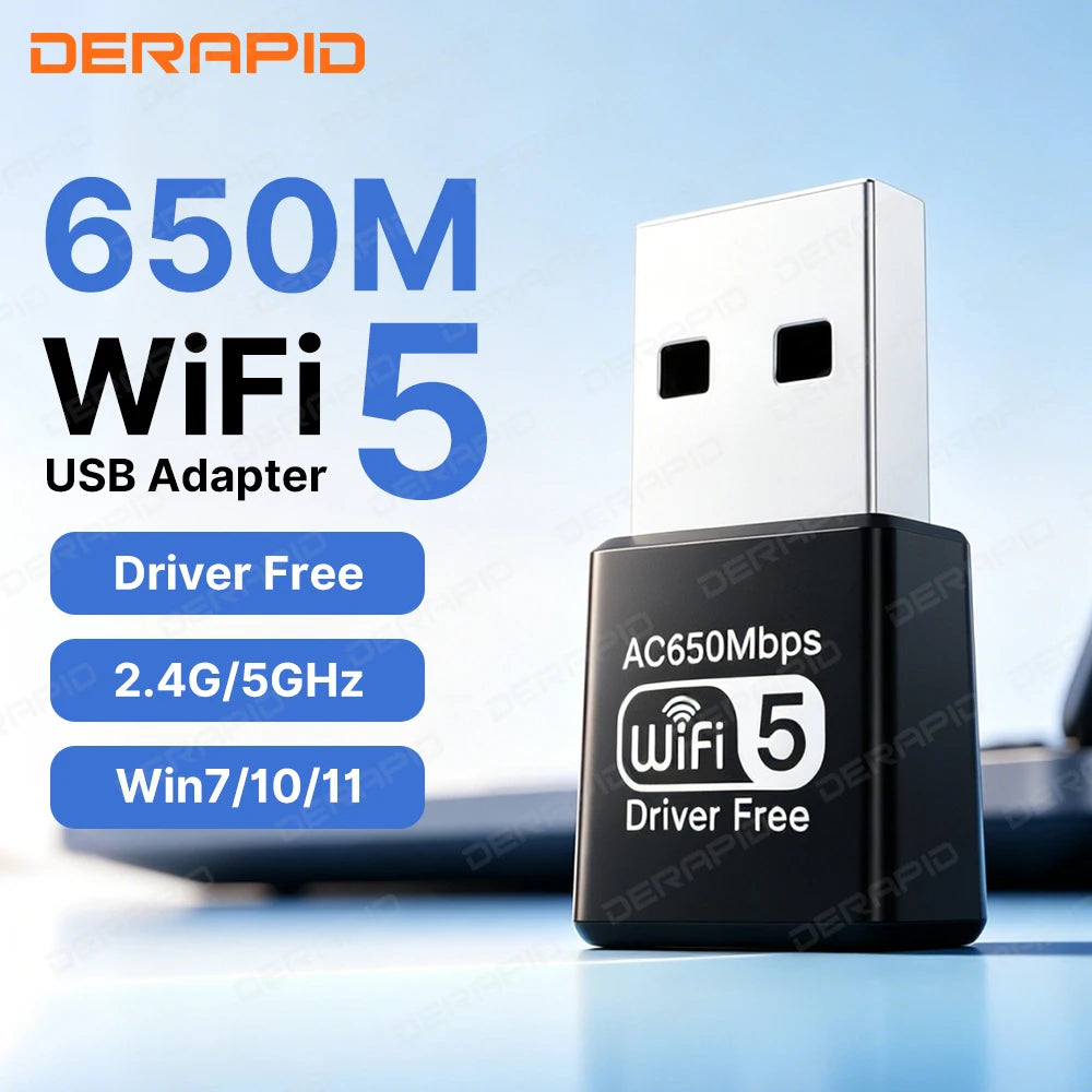 A silver USB Wi-Fi adapter with a WiFi 5 logo and driver free label is shown on a blue surface.