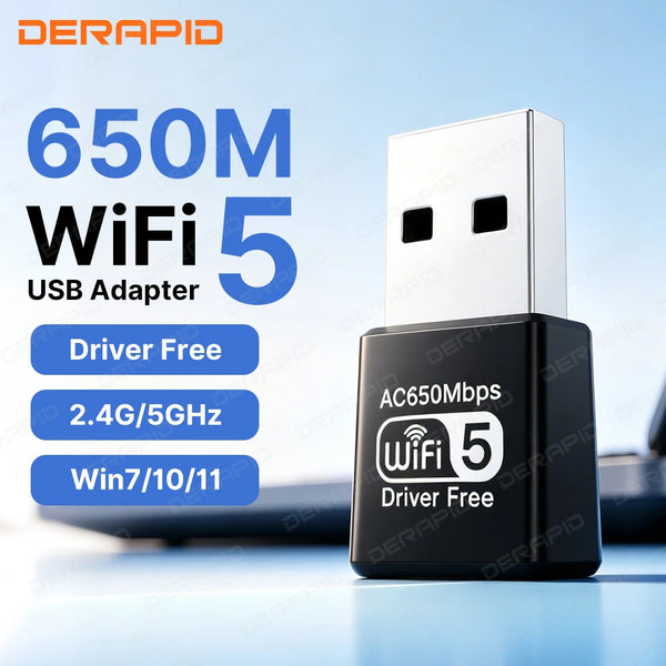 محول USB لاسلكي فضي بشعار WiFi 5 وملصق مجاني على سطح أزرق