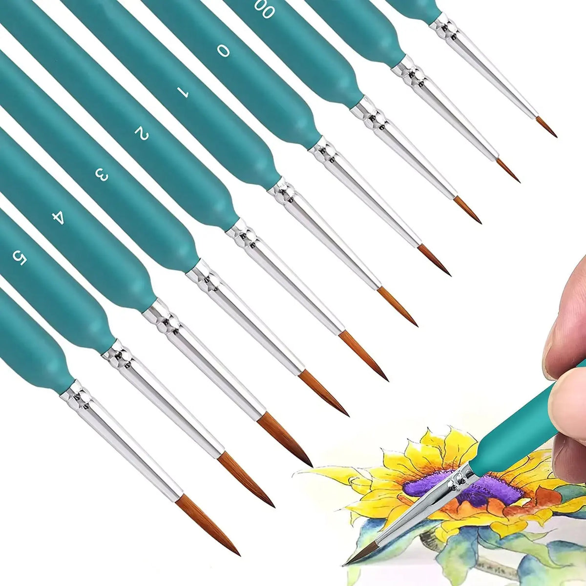 A set of six professional miniature paint brushes with teal handles and silver ferrules shown against a white background.