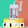 A white universal rechargeable battery charger with slots for AAA and AA cells, shown on a yellow stand.